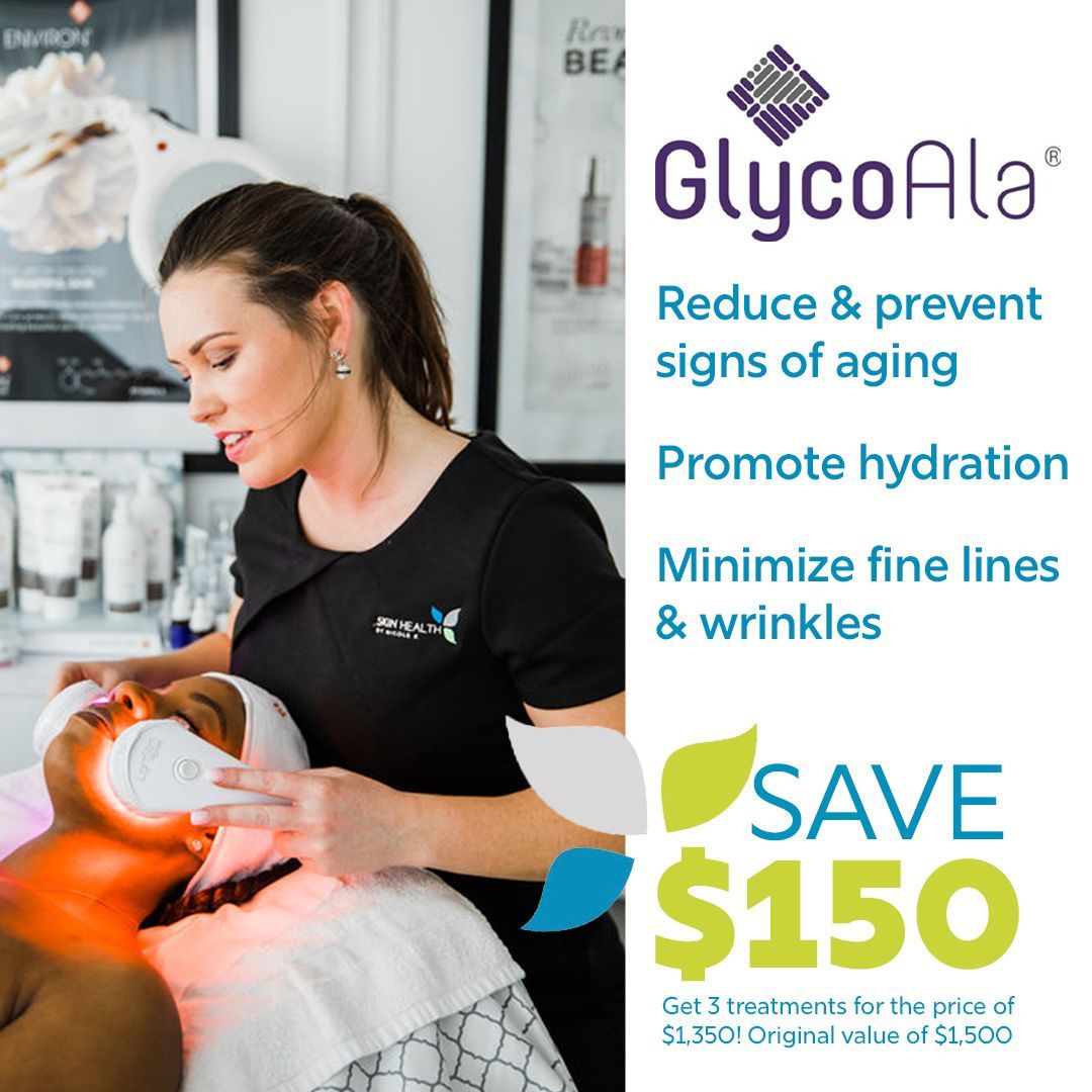 Aesthetican performing facial treatment with red light on a client; advertisement for GlycoAla treatment, save $150.