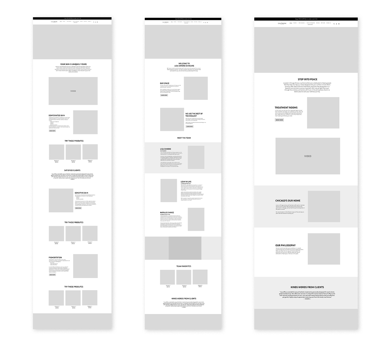 Three website wireframes with placeholder text and image boxes.