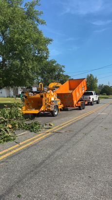 Yellow Caterpillar skid steer with brush cutter in a wooded area.