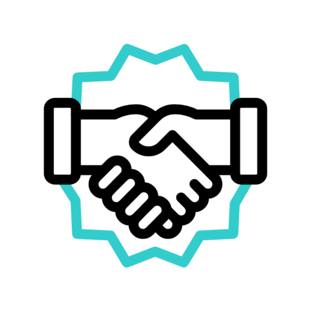 Two hands shaking in a deal, surrounded by a teal, star-shaped border.