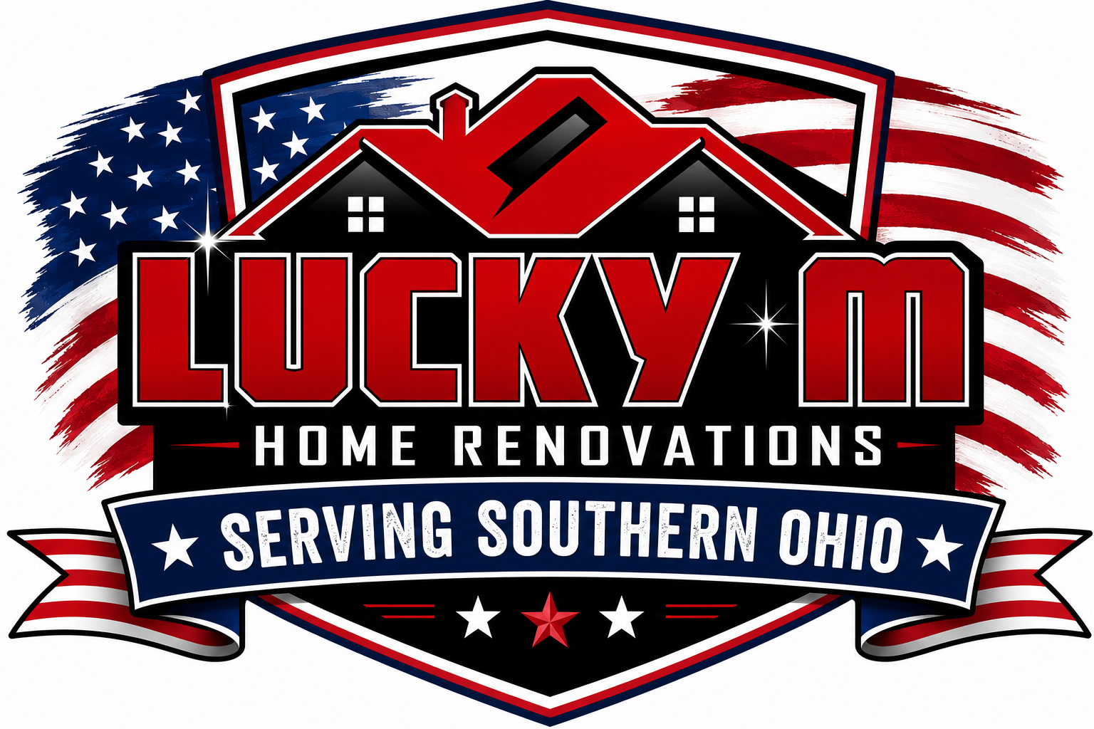 Logo for Lucky M Home Renovations, featuring a red and black house outline, "LUCKY M" text, and "Free Estimates!" below.