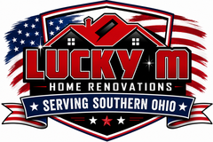 Logo for Lucky M Home Renovations, featuring a red and black house outline, "LUCKY M" text, and "Free Estimates!" below.