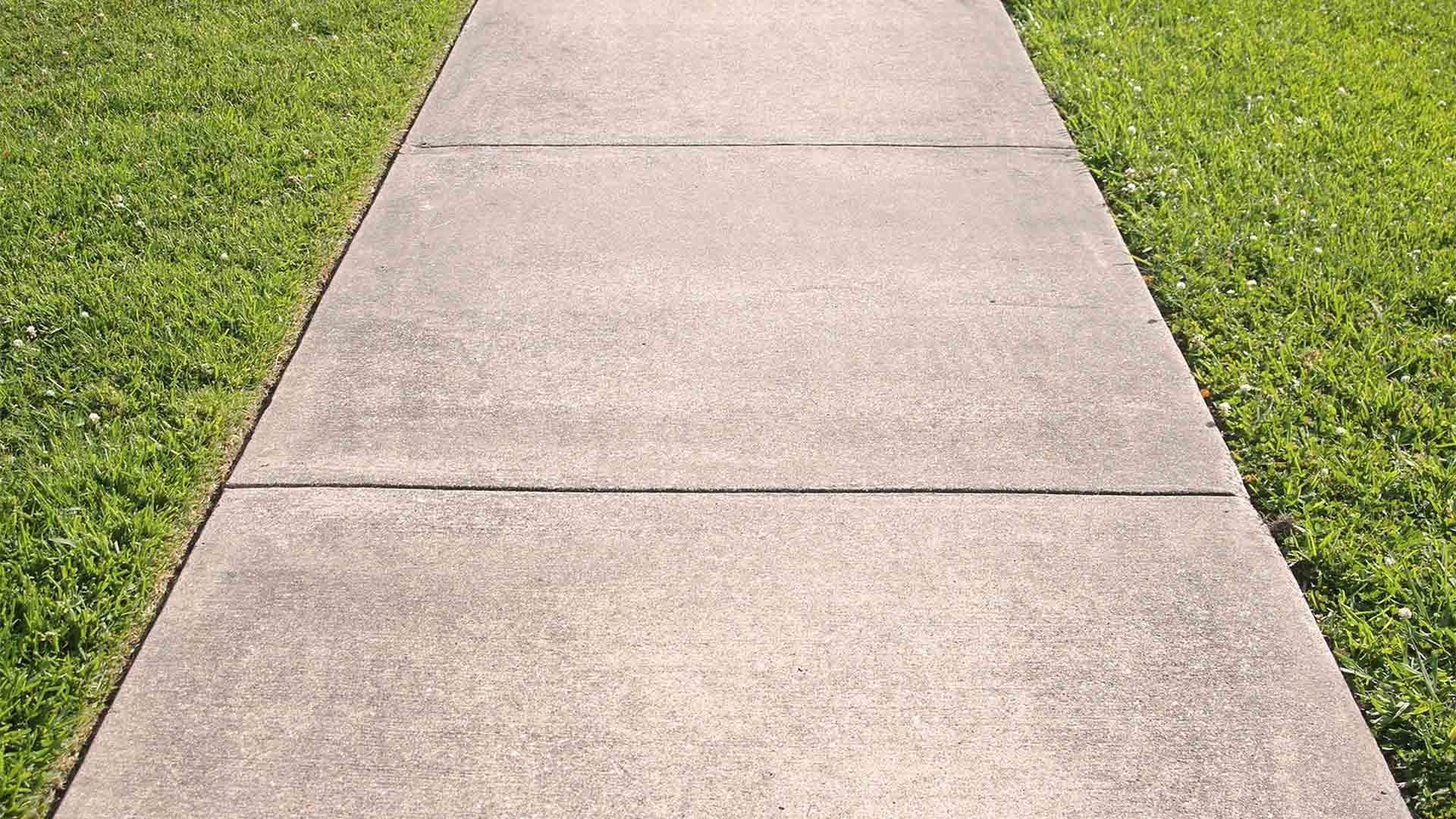 A concrete sidewalk going through a lush green field.