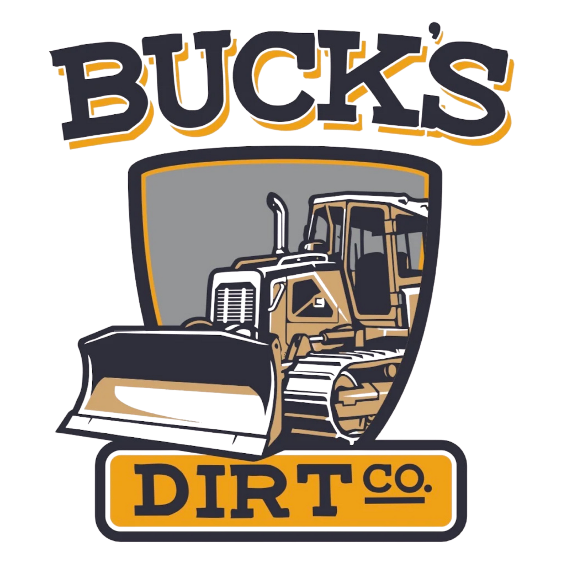 Buck’s Dirt Co. logo with a bulldozer in gray, orange, and black