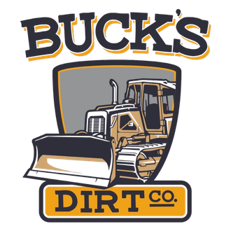 Buck’s Dirt Co. logo with a bulldozer in gray, orange, and black