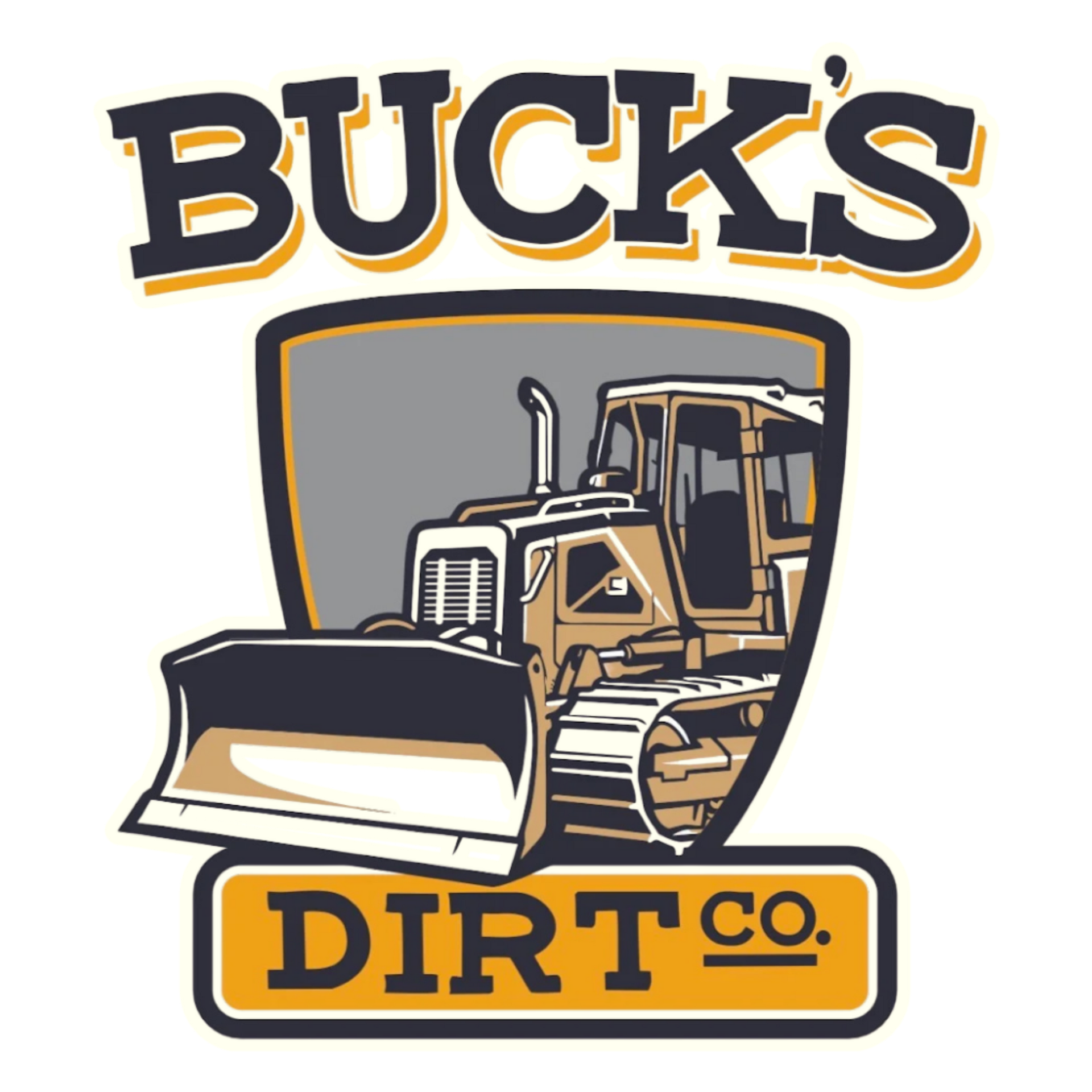 BUCKS Dirt Co. logo with a bulldozer in gray, gold, and black