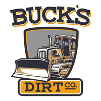 BUCKS Dirt Co. logo with a bulldozer in gray, gold, and black
