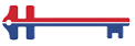 Red and blue abstract logo resembling a stylized key or train track line on a white background
