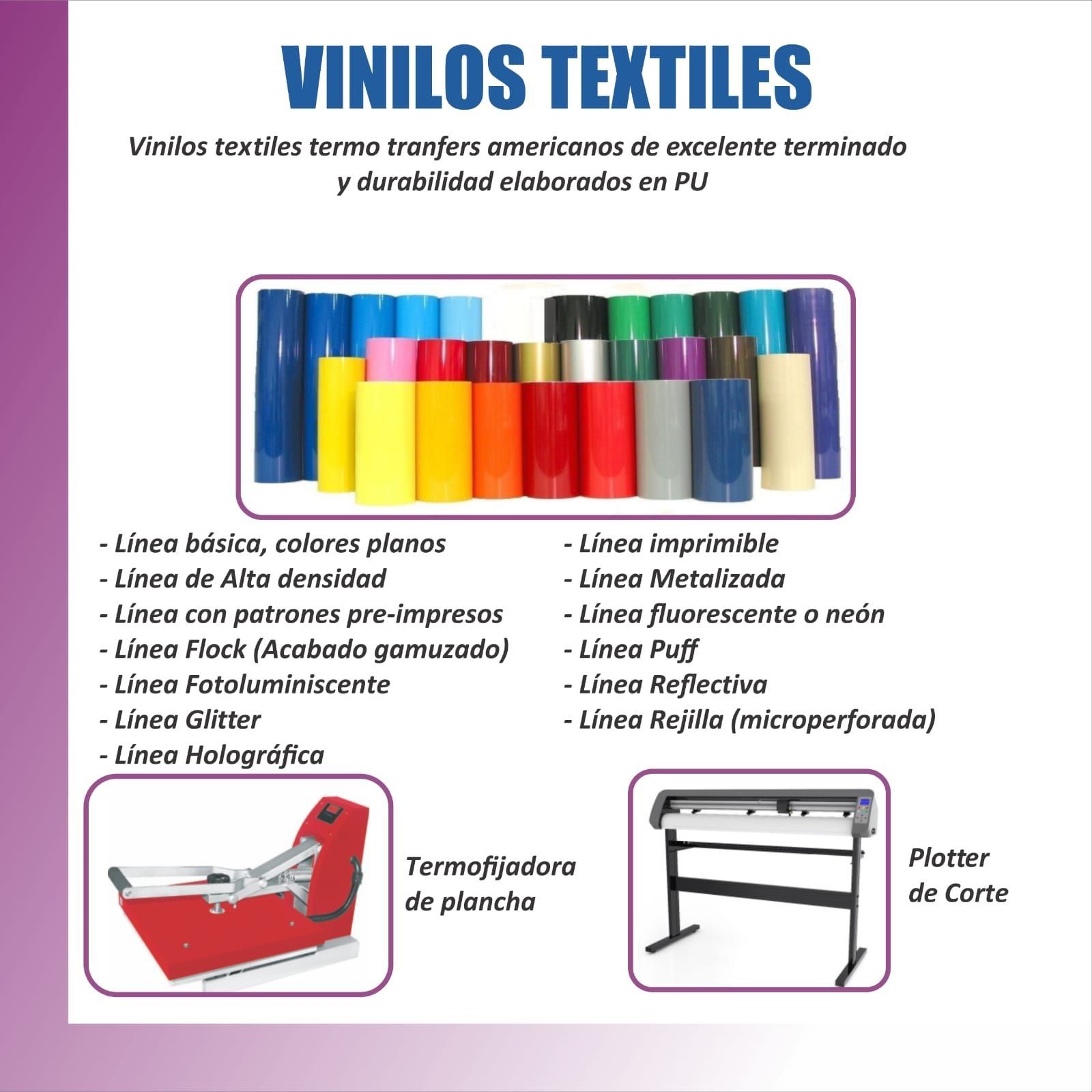 Imagen de vinilos textiles en varios colores, con equipos como prensa térmica y cortadora.