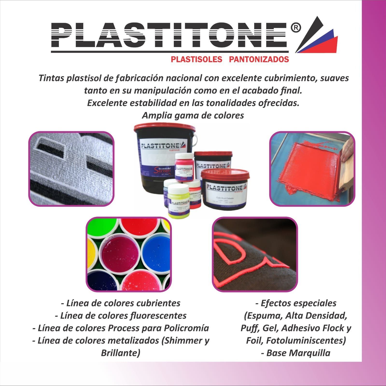 Anuncio de tintas plastisol Plastitone con ejemplos de su uso y opciones de color.