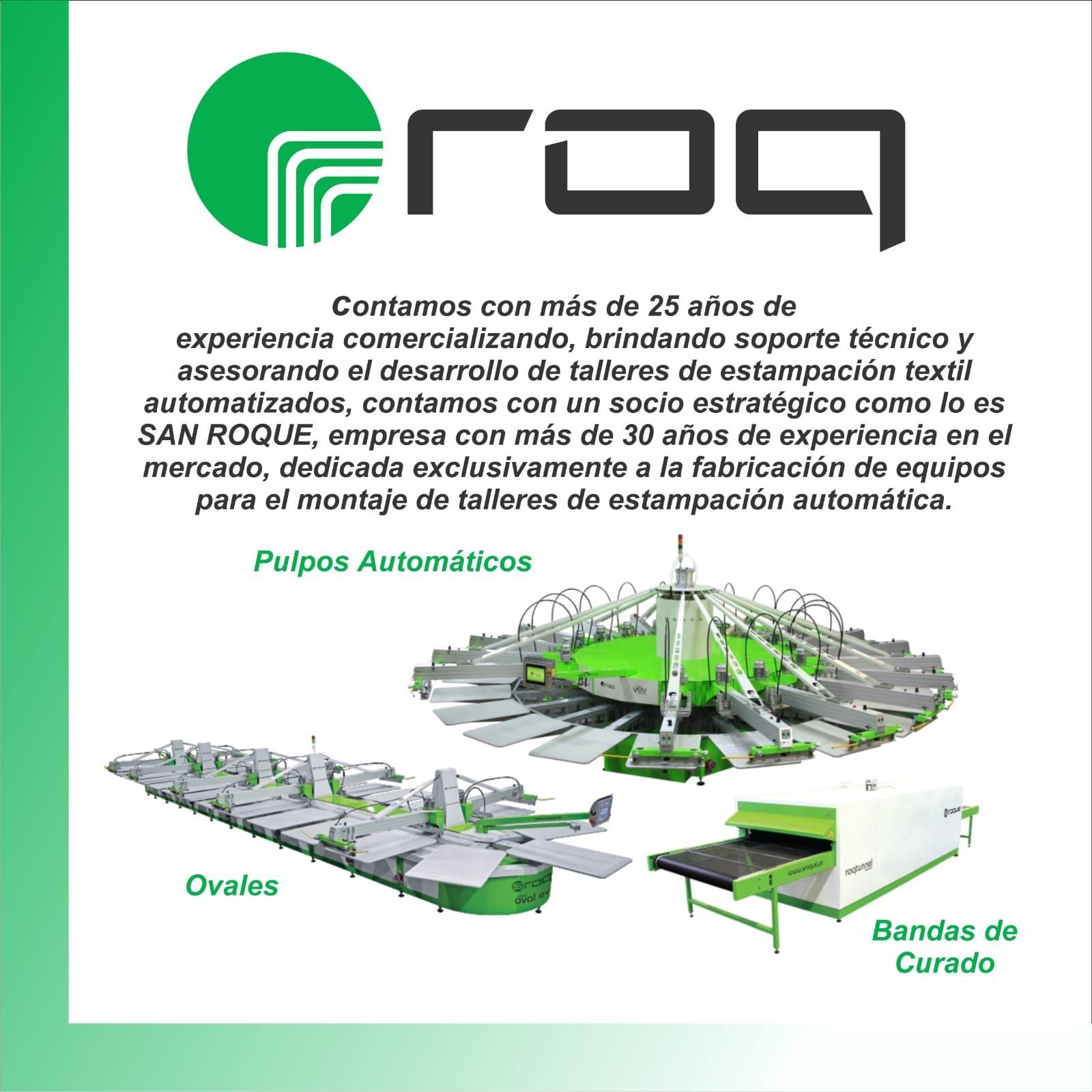 Anuncio de una empresa de equipos de impresión textil que presenta prensas de impresión automáticas.