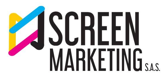 Logotipo para Screen Marketing SAS Presenta un gr&aacute;fico con formas amarillas, rosas y azules junto a texto negro.