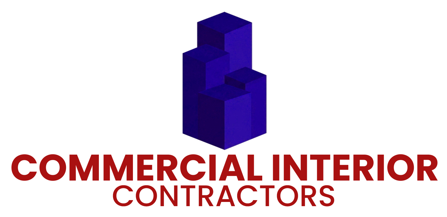 Purple geometric building logo above red text reading &ldquo;COMMERCIAL INTERIOR CONTRACTORS&rdquo;