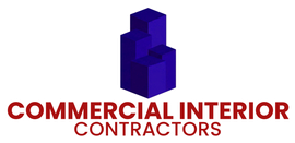Purple geometric building logo above red text reading &ldquo;COMMERCIAL INTERIOR CONTRACTORS&rdquo;