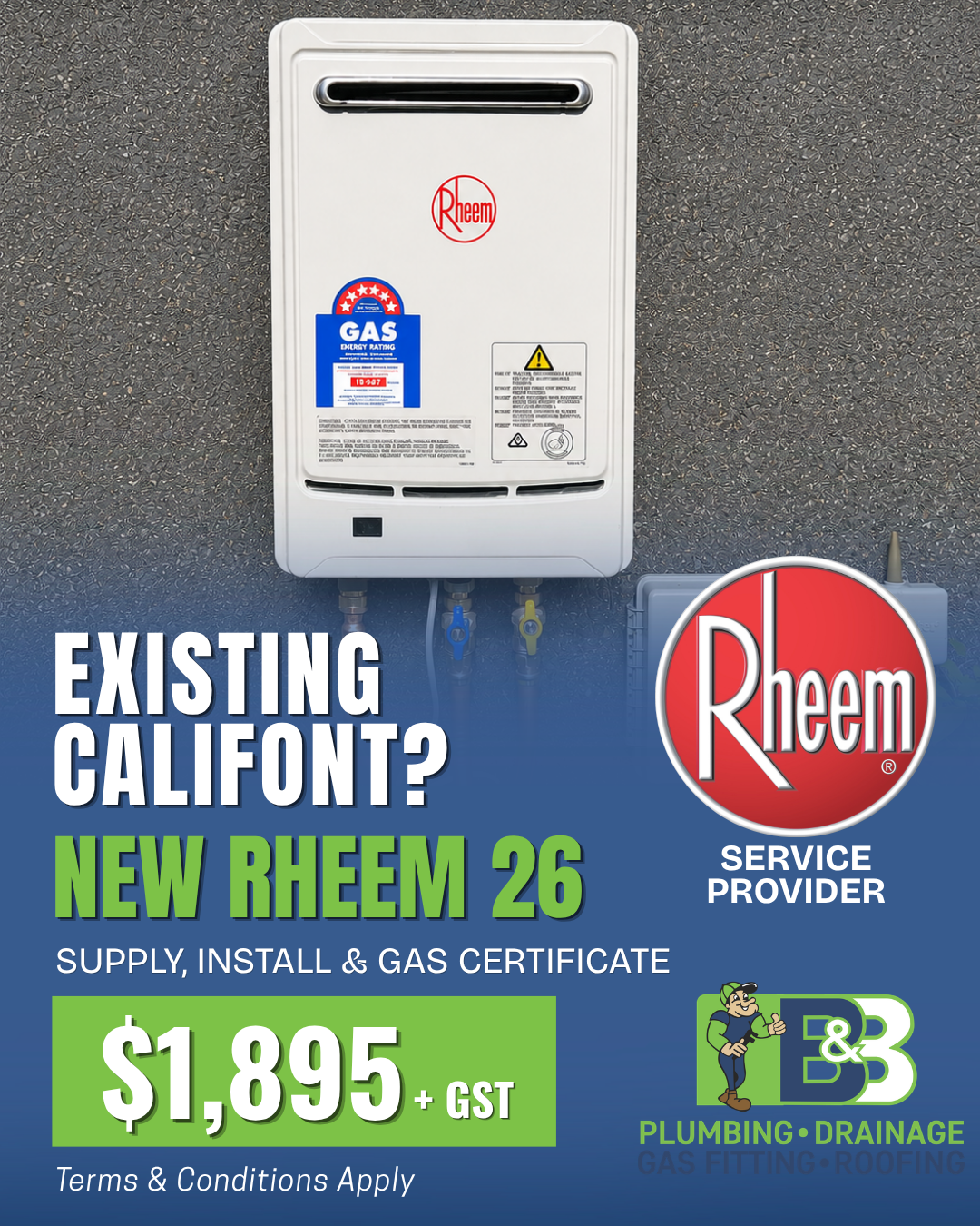 Ad for Rheem 26 gas heater install, $1,895+GST, with white wall heater and service provider logos