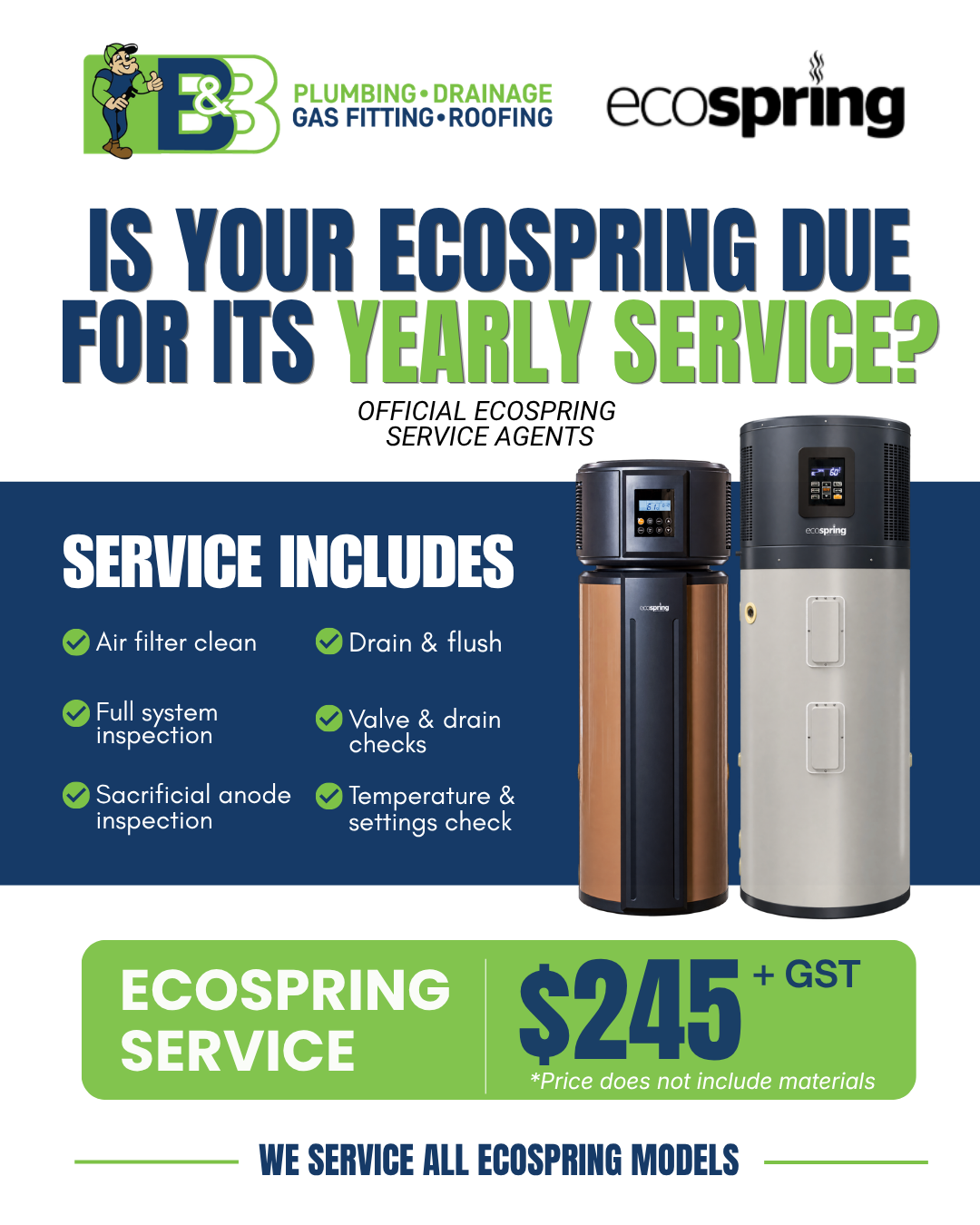 EcoSpring annual service ad with water dispensers, checklist, and $245 plus GST pricing
