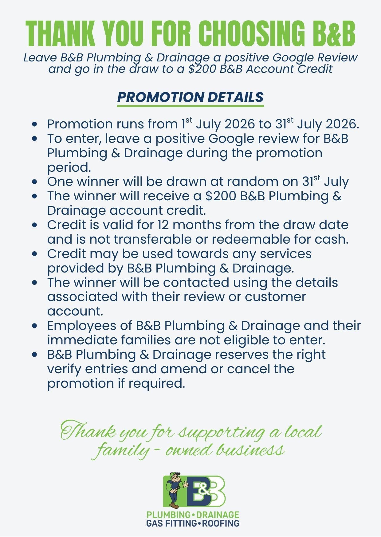 B&B promotion flyer with green header, promotion details, and logo at the bottom.