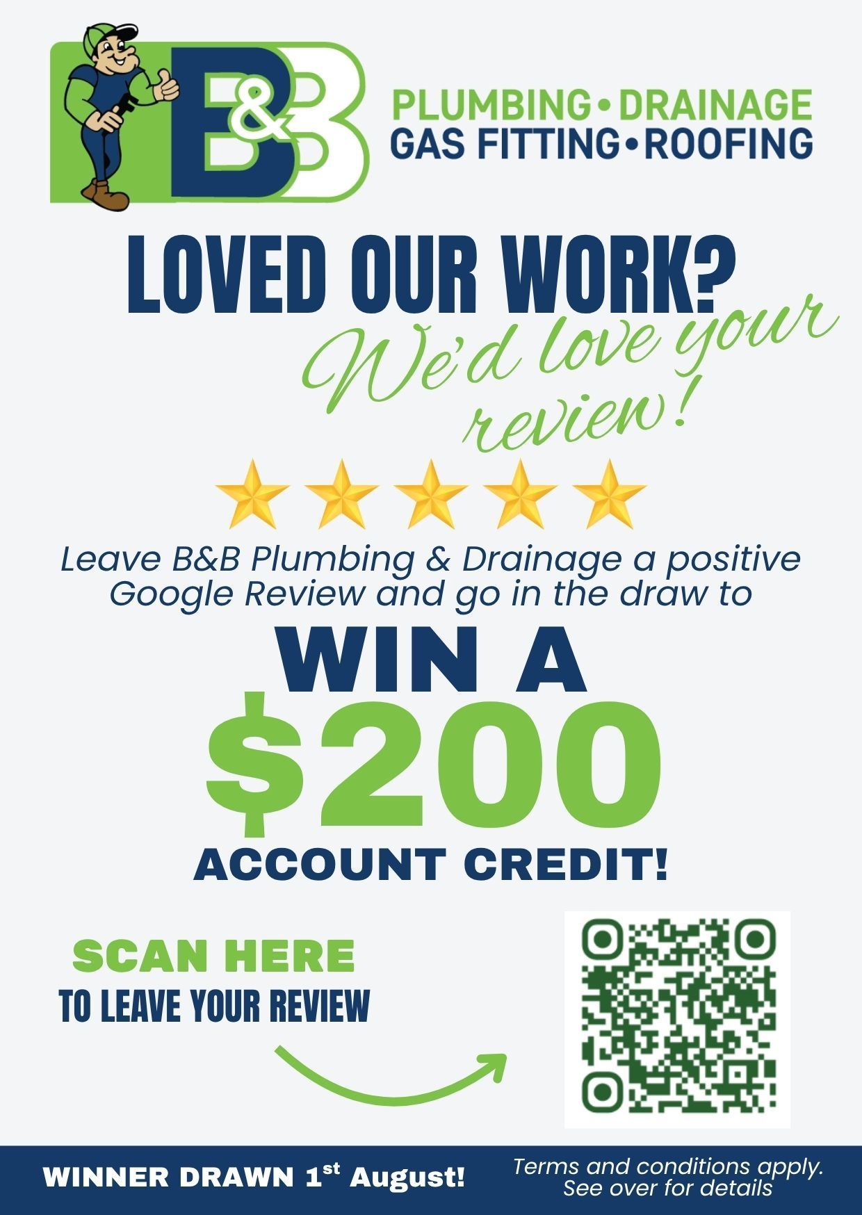 B3 Plumbing-Drainage-Gas Fitting-Roofing promo: leave a Google review to win a $200 account credit.