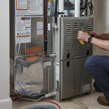 Technician adjusting a gray furnace next to a foil-wrapped HVAC unit in a utility room