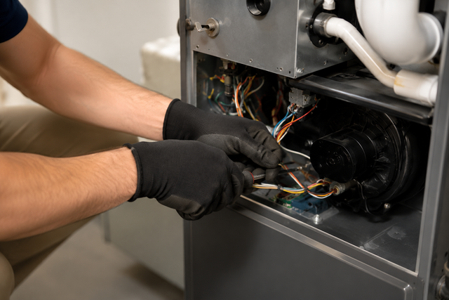 Gloved hands repairing exposed wiring inside a metal appliance cabinet