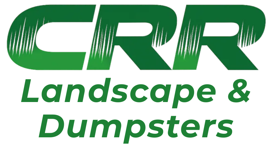 The logo for crr landscape and dumpsters is green and white.