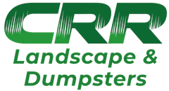 The logo for crr landscape and dumpsters is green and white.