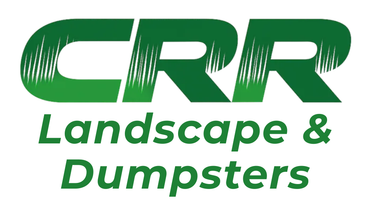 The logo for crr landscape and dumpsters is green and white.