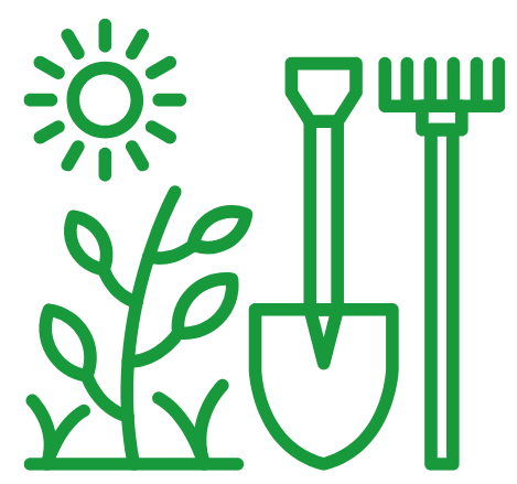A line drawing of a shovel , rake , and plant with a sun in the background.
