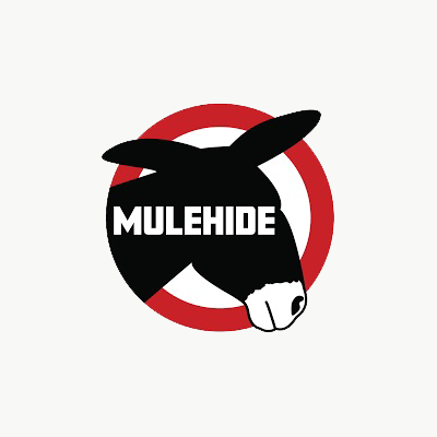 A donkey in a red circle with the word mulehide on it