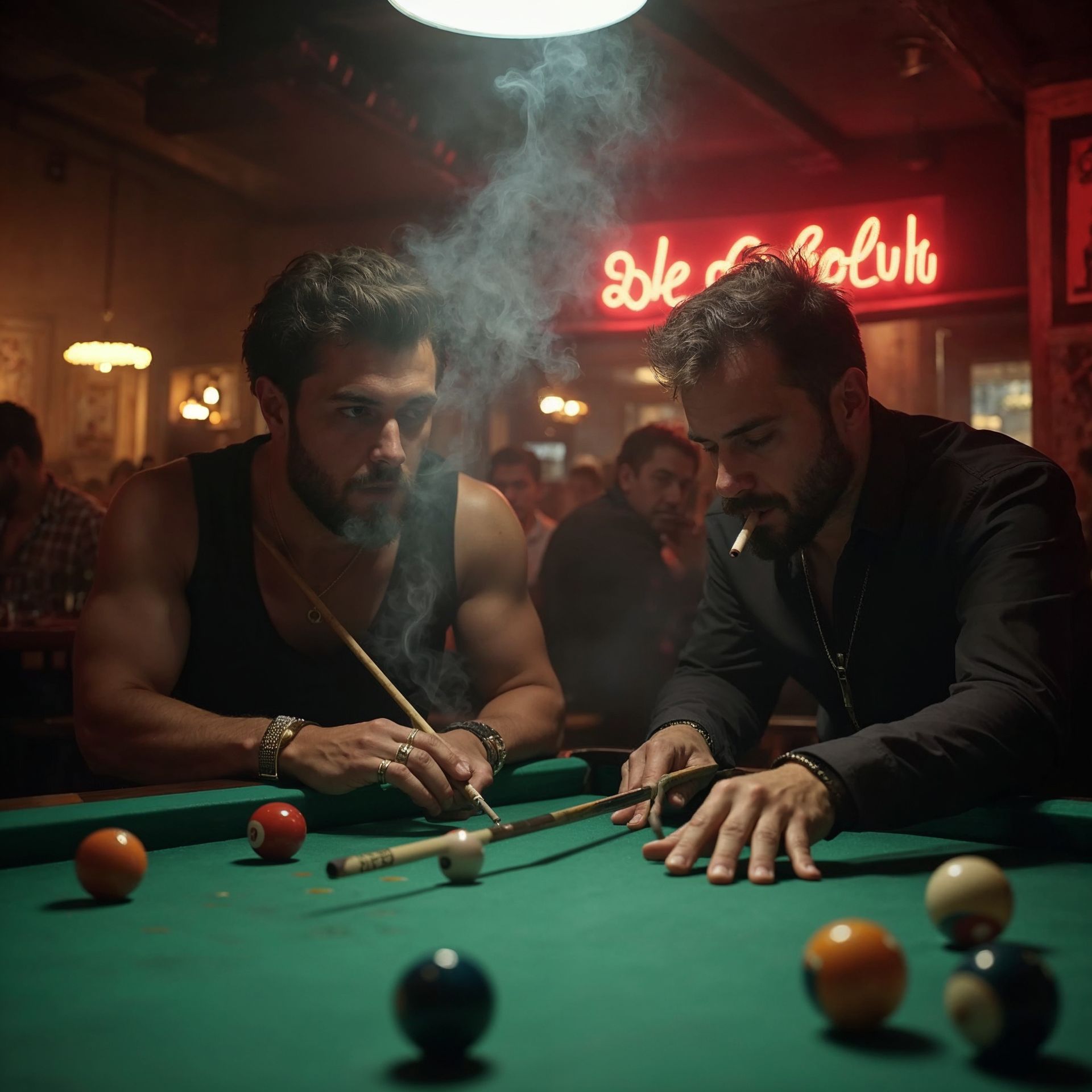 2 guys playing pool smoking in a bar