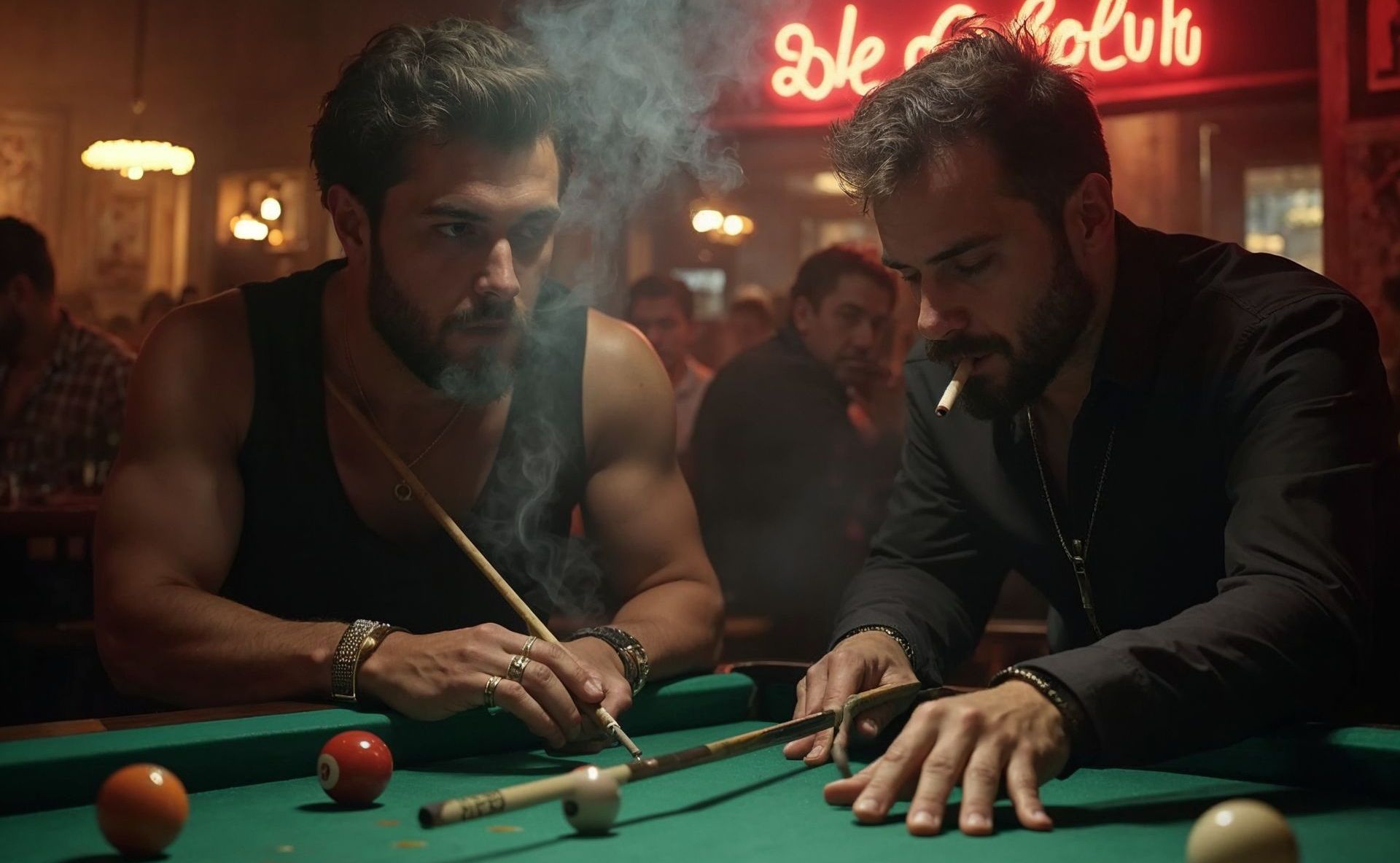 2 guys smoking and playing pool in a bar