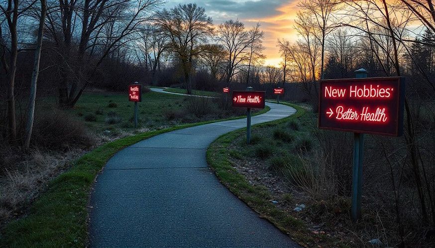 A winding path through a park with sections labeled Better Health, New Hobbies, and Personal Growth symbolizing the ongoing process of improvement after quitting
