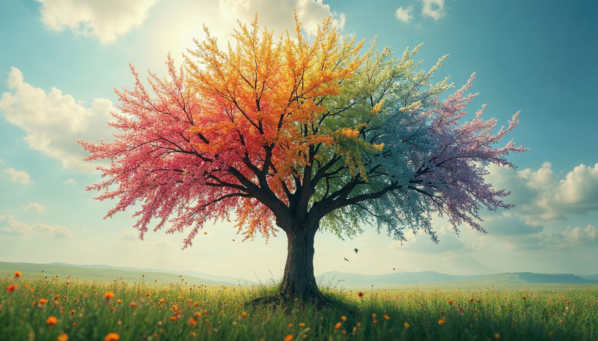 beautiful tree in rainbow colors in a green pasture out in nature