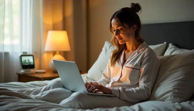 Busy Dayton mom sitting on her bed in pajamas, laptop on lap, mid virtual hypnosis session with soft lamp light background.