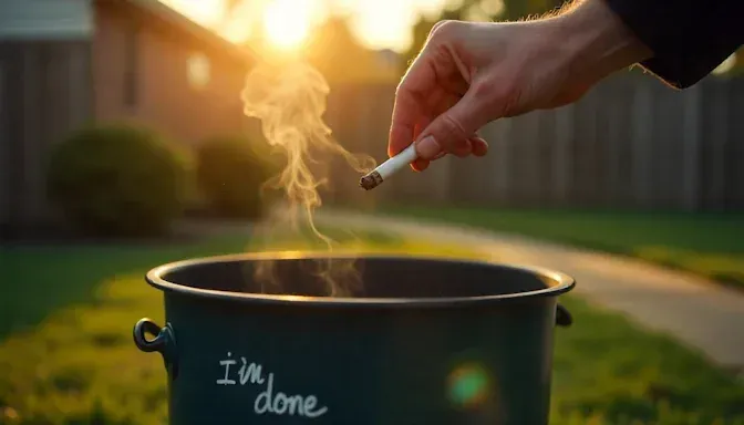 Close-up hand tossing a half-smoked cigarette into a trash can labeled ‘I’m done’ in a Dayton backyard at sunrise