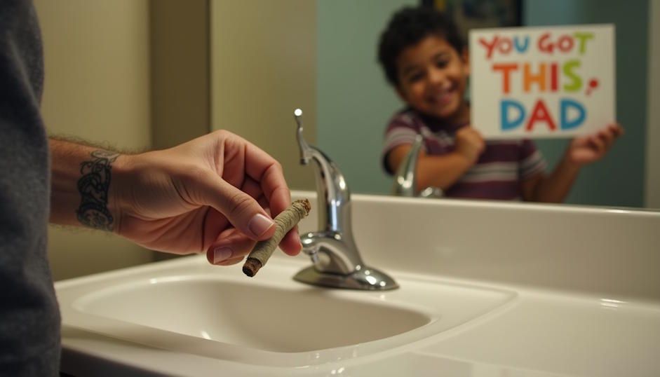 Dayton man's hand with a tattoo holding a lit joint over a sink before dropping it in with his kid in the mirror holding a You Got This, Dad sign