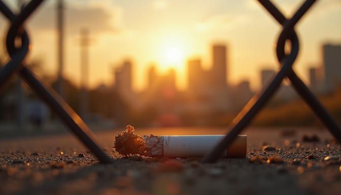 Looking through a fence at the Dayton city skyline with a broken cigarette butt lying on the ground