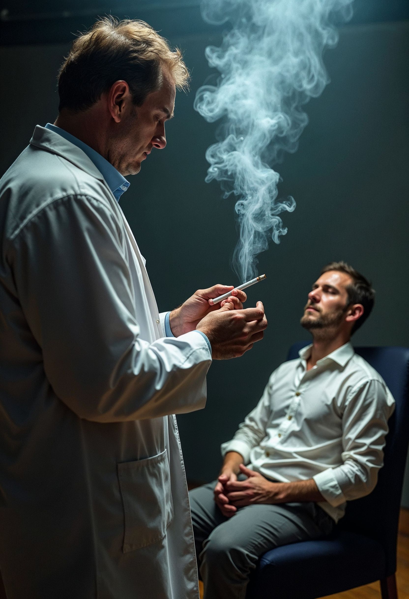Photo with scientist observing a man who is being hypnotized to stop smoking