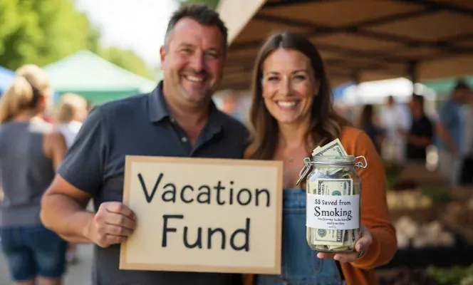 Smiling couple at a Dayton farmer’s market with ‘Vacation Fund’ jar filled with cash Saved from quitting smoking