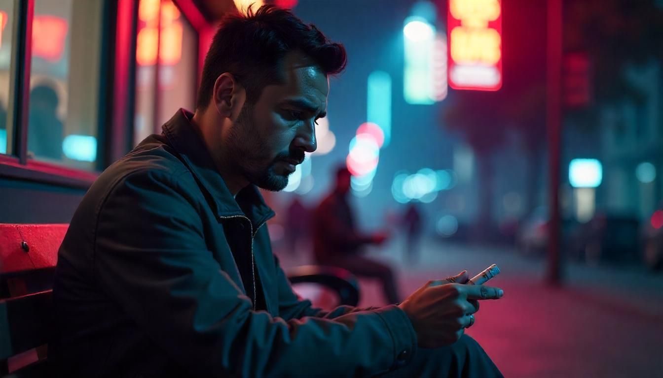 lonely man smoking alone on a bench next to the street
