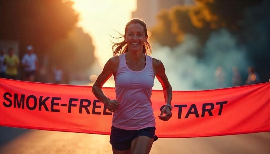 a woman jogging confidently through a banner symbolizing a smoke-free starting line on her trip to long term health