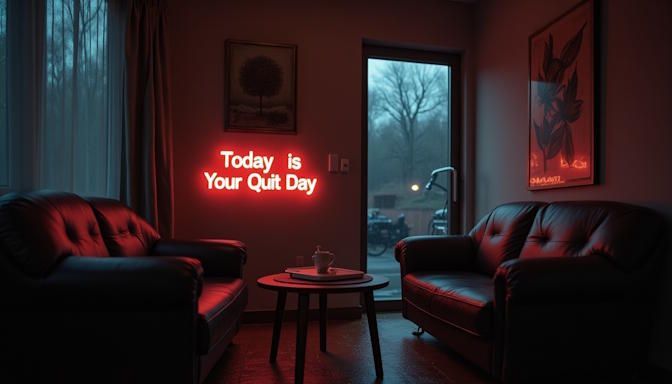 A dimly lit modern hypnosis room in Dayton Ohio with a sign 'Today is Your Quit Day' on the wall