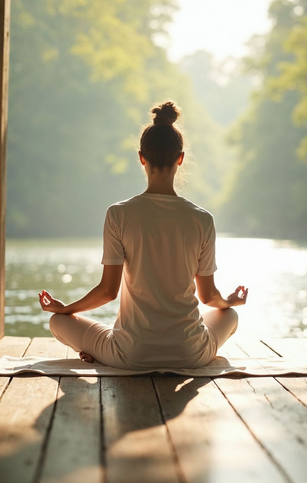 Picture of a woman who is meditating and relaxing next to the water