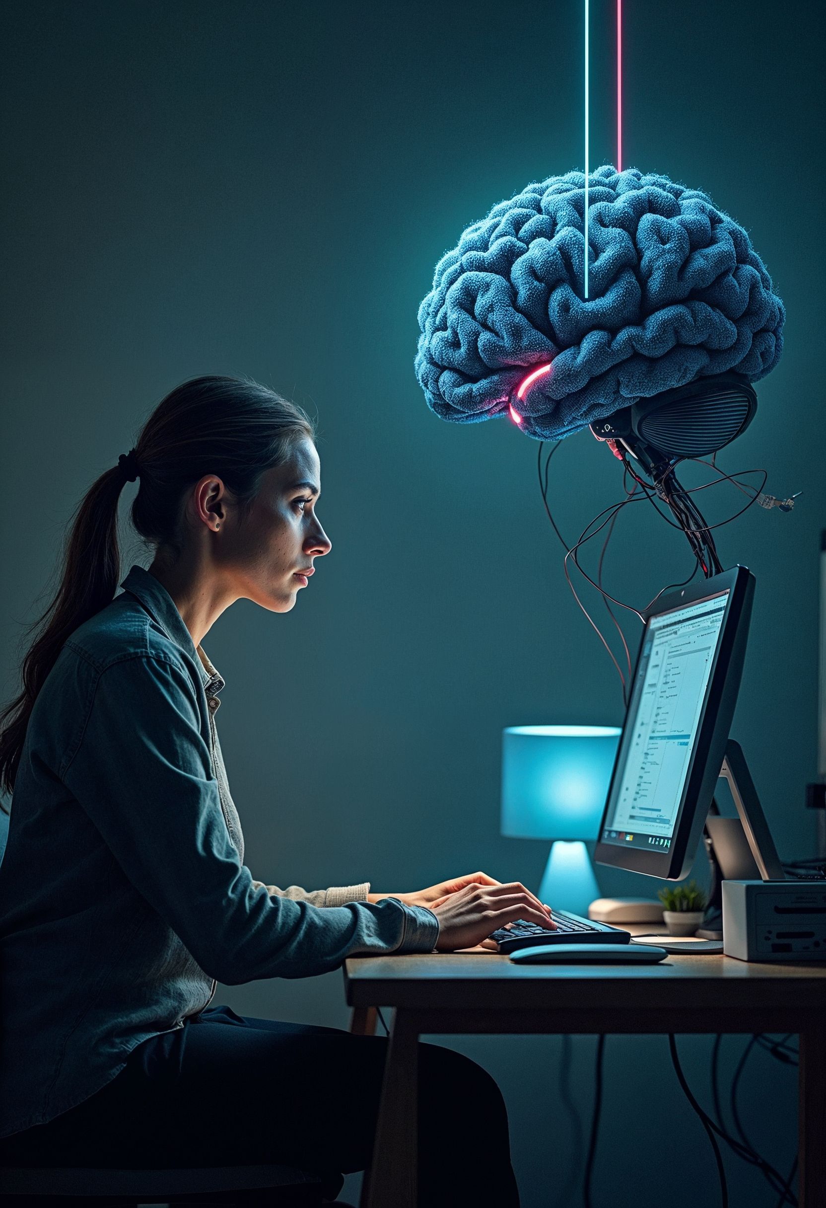 photo of a woman reprogramming a human brain as she types at a computer keyboard.