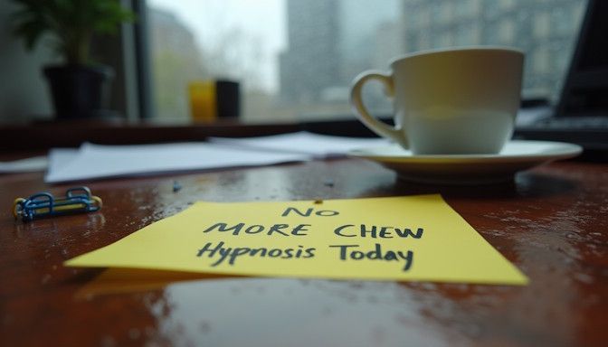 yellow sticky note reading No More Chew β Hypnosis Today prominently displayed on a dayton desk