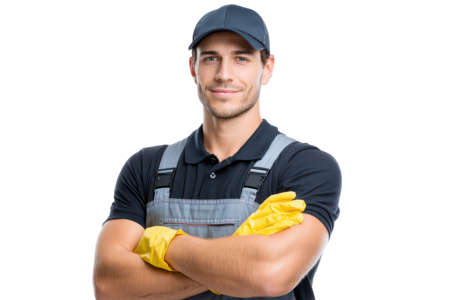 Smiling mechanic in blue cap and overalls, arms crossed, wearing yellow gloves
