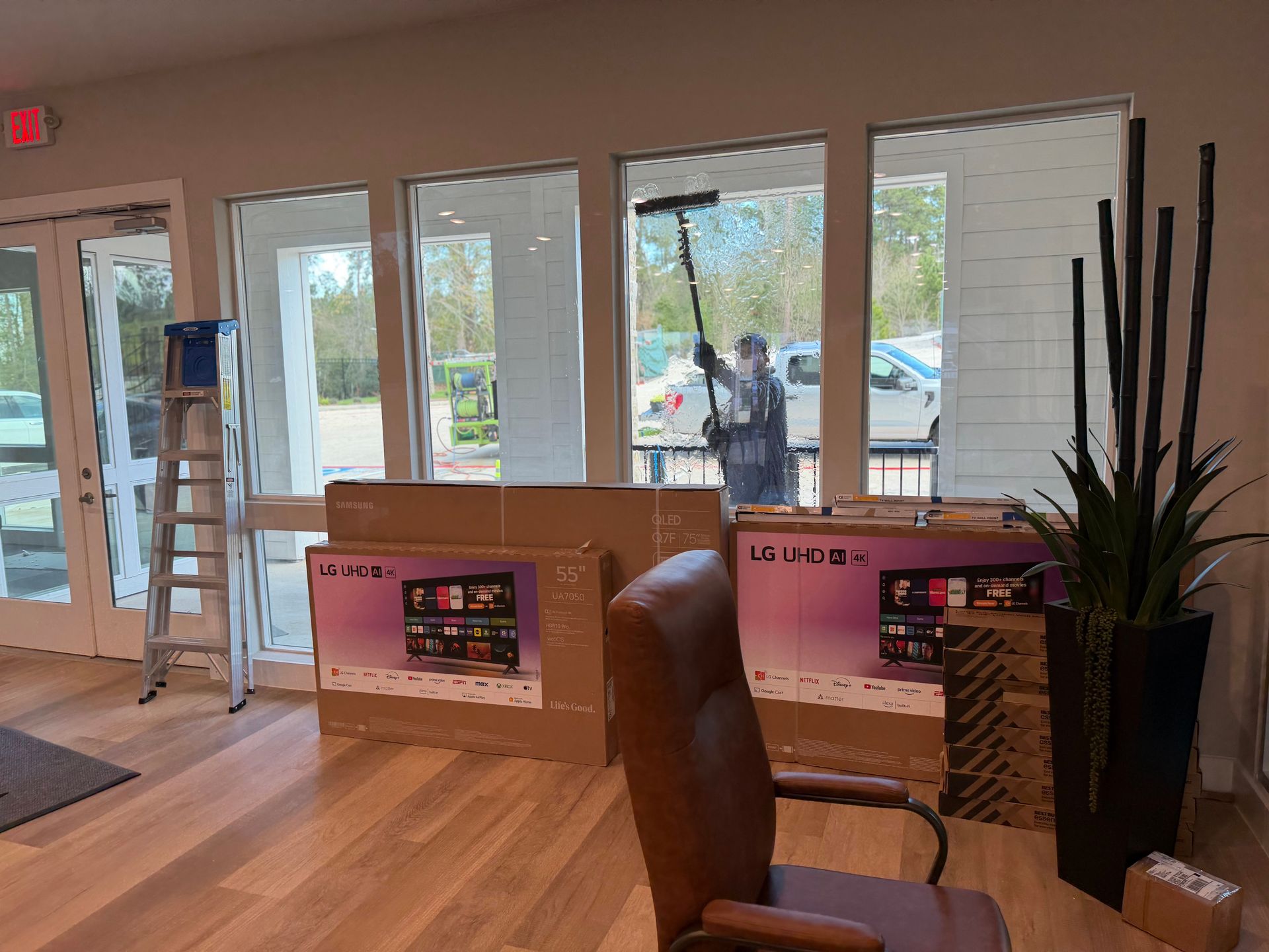 Bright lobby with wooden floor, windows, two cardboard displays, and a tall potted plant near the entrance