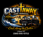 Cast Away Junk Removal logo with truck, debris, wave, and &ldquo;Cast Away the Clutter&rdquo; text, 1 Peter 5:7, phone number