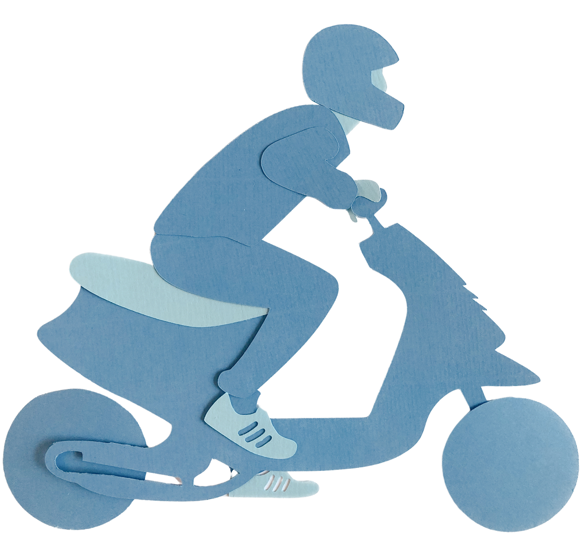 Getekende blauwe silhouet van een persoon op een scooter, met een helm op in een blauw getinte papieren knipselstijl.