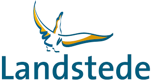 Het Landstede-logo, met een gestileerde blauw-gouden vogel die boven het woord 